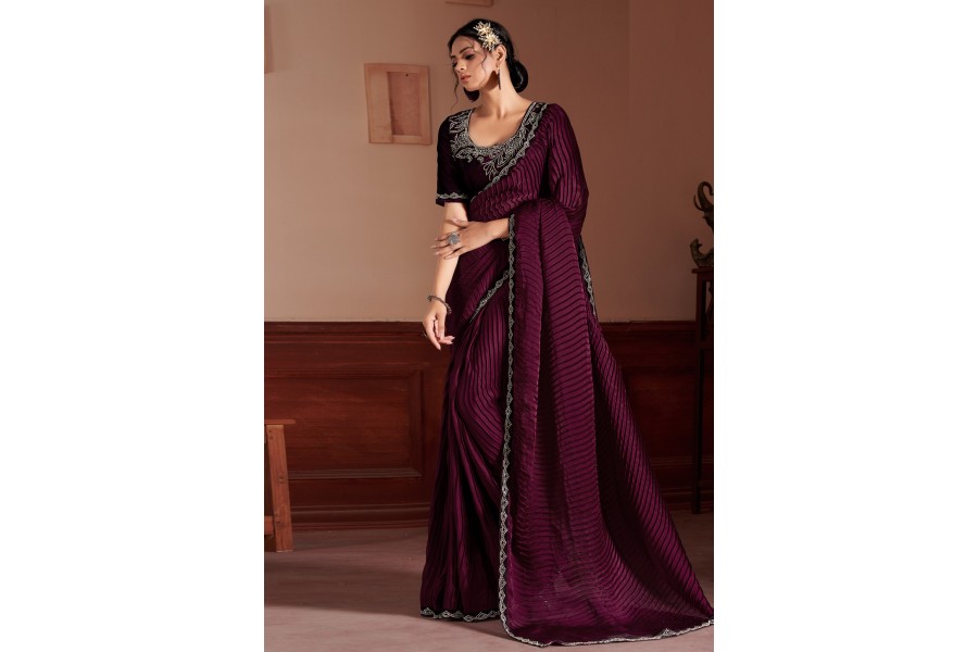 Women's Satin Purple Printed Designer Saree With Blouse Piece
