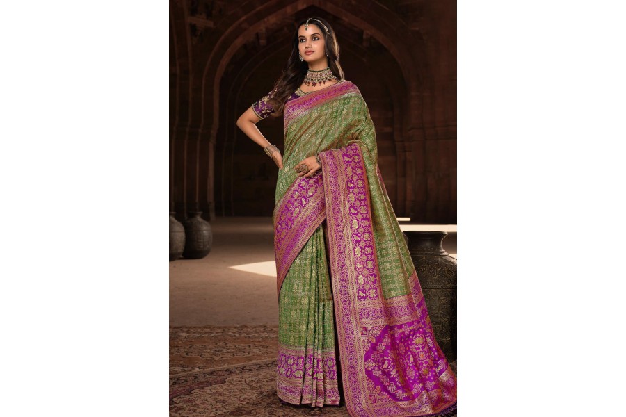 KKD017 - Green half saree with beautiful work on blouse and a belt