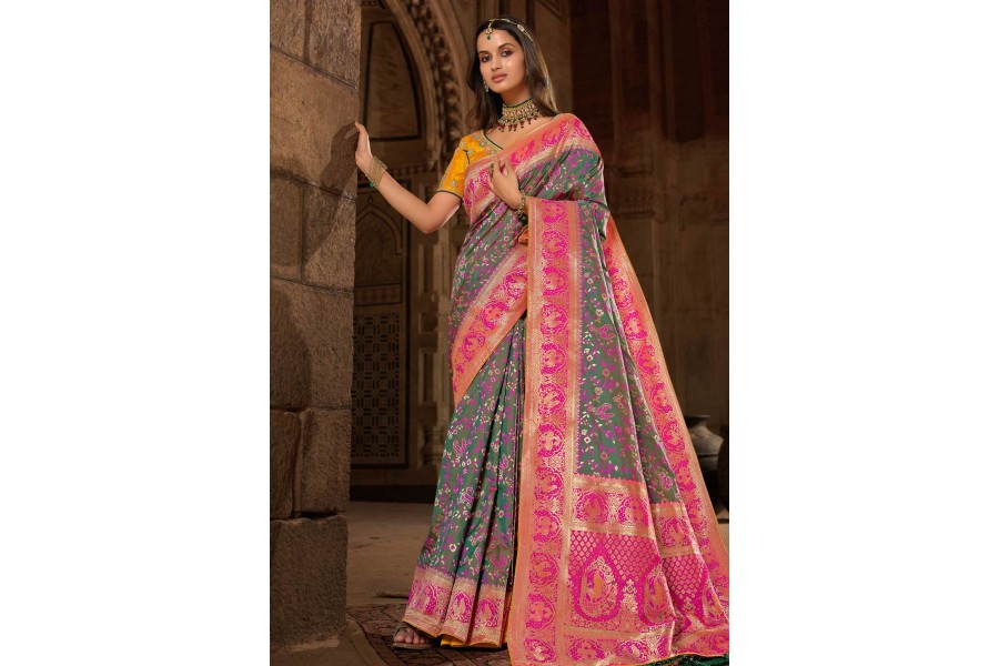 Green with Blue Semi Silk Saree With Hand Work Blouse Combo main image 1