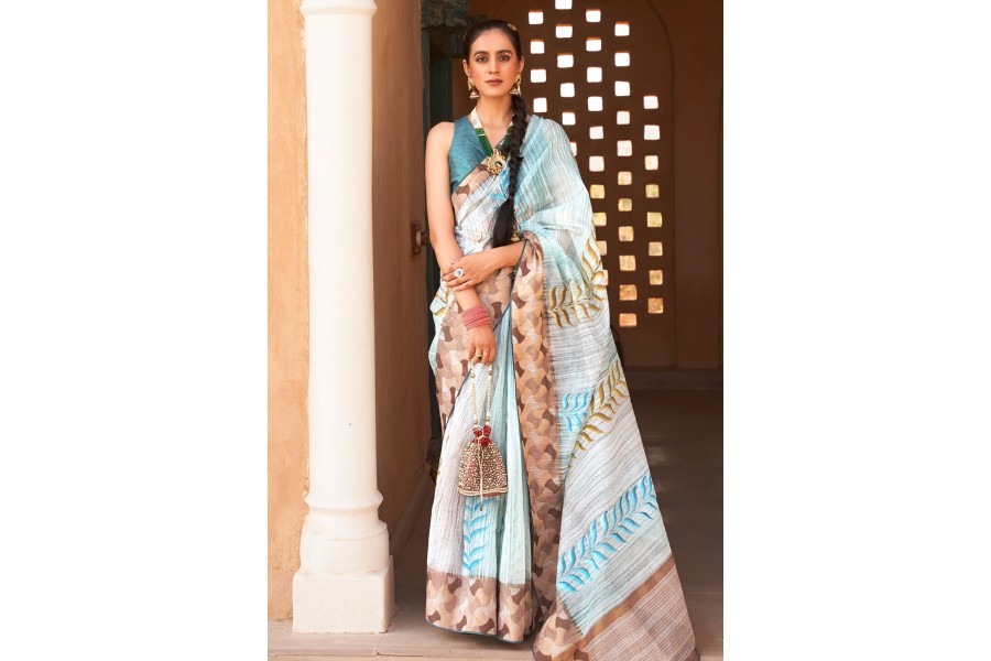 Women Sky Blue Silk Blend Printed Saree With Unstitched Blouse