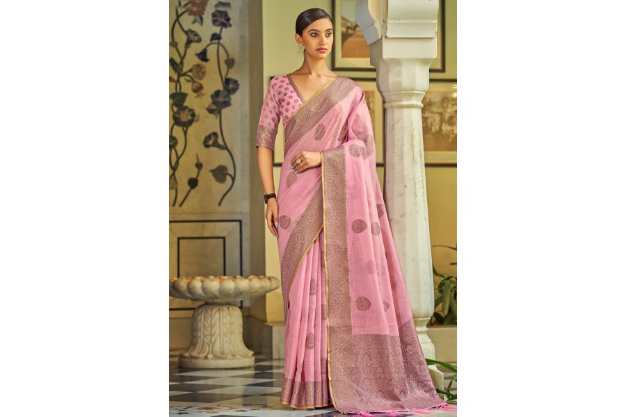 Women's Tissue Pink Printed Designer Saree With Blouse Piece