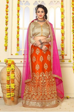 Party Wear Orange Gold Lehenga 7333