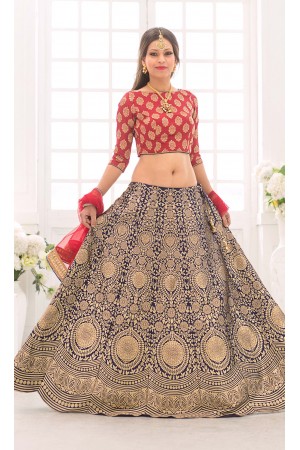 Party Wear Pure Silk Blue Red Lehenga k101