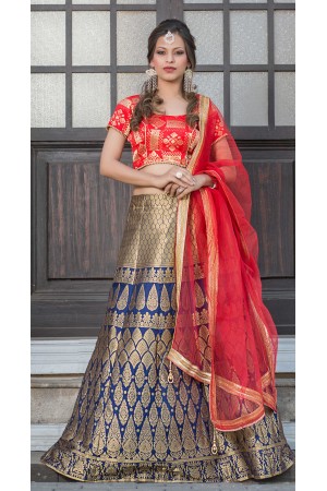 Party Wear Pure Silk Blue Red Lehenga k108