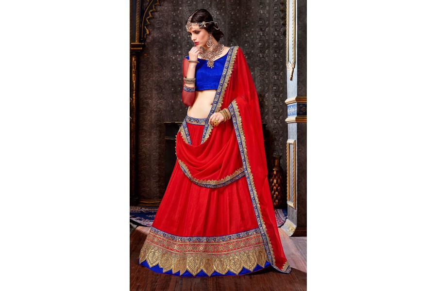 bridal lehenga red and blue combination