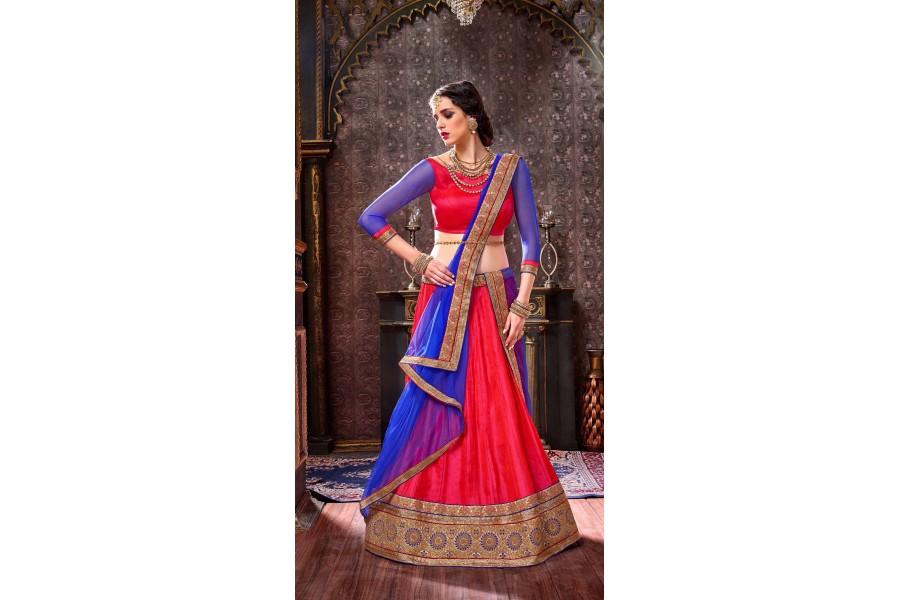 bridal lehenga red and blue combination