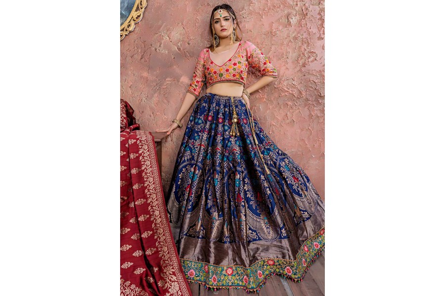 Navy Blue Banarasi Silk Lehenga Choli main image 0