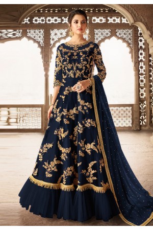 Navy blue net embroidered abaya style anarkali suit 5305B