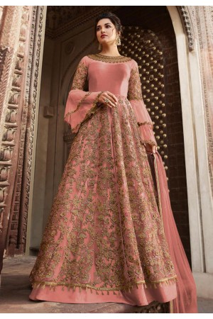 Peach banglori silk embroidered long choli lehenga 5306C