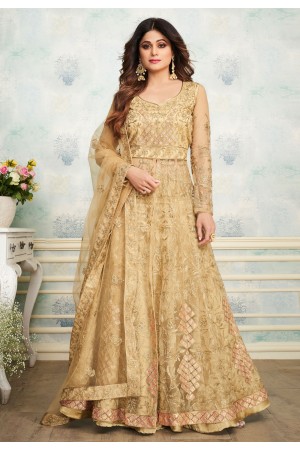 Shamita shetty beige net embroidered long choli lehenga 8250