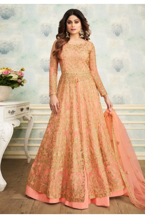 Shamita shetty pink net embroidered indowestern lehenga choli 8249