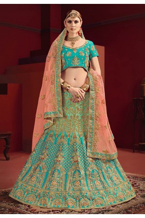 Turquoise satin embroidered circular lehenga choli 2201