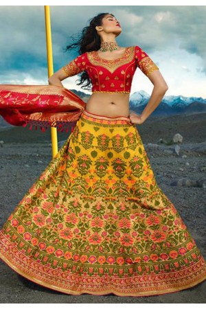 Yellow silk embroidered circular lehenga choli 905