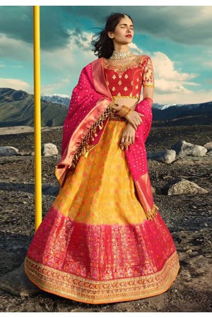 Yellow silk embroidered circular lehenga choli 911