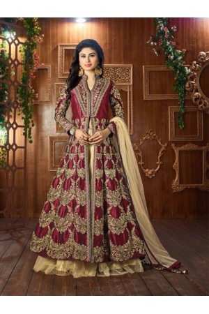 Mouni Roy maroon Tapeta silk wedding wear lehenga style kameez