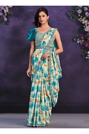Blue satin silk floral print embroidered saree with readymade blouse 24113
