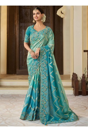 Turquoise shaded tissue silk embroidered wedding saree with blouse 8408A