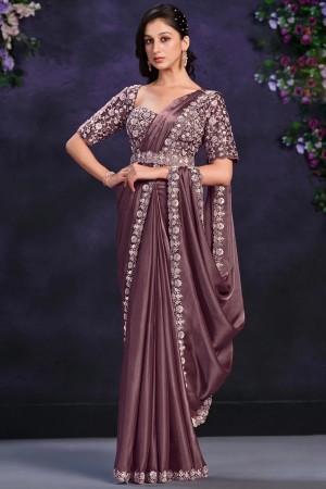Mauve satin crepe silk sequins embroidered saree with readymade blouse 24108