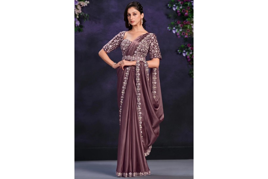 Women's Crepe Mauve Embellished Designer Saree With Blouse Piece