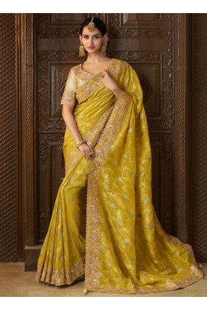 Mustuard tissue silk embroidered wedding saree with blouse 8402C