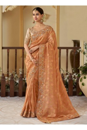 Orange tissue silk embroidered wedding saree with blouse 8402A