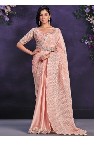 Peach crushed crepe silk sequins embroidered saree with readymade blouse 24112