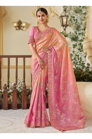 Shaded Peach tissue silk embroidered wedding saree with blouse 8407A
