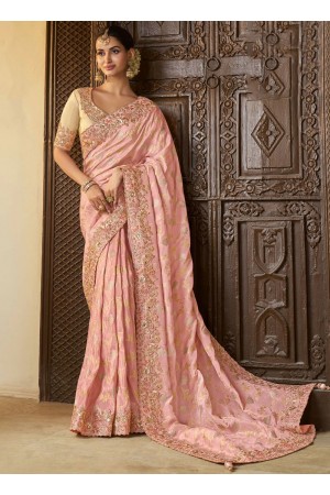 Peach tissue silk embroidered wedding saree with blouse 8402B