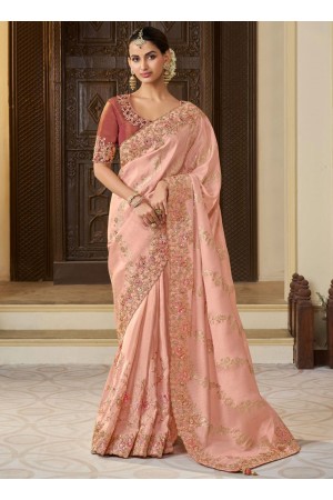 Peach tissue silk embroidered wedding saree with blouse 8411A