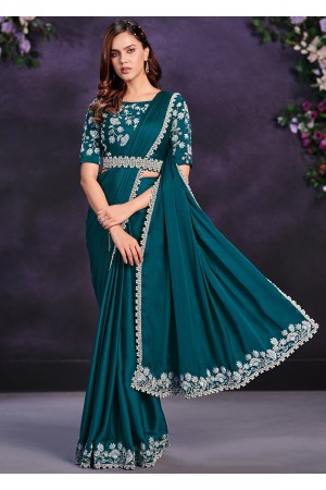 Teal green satin crepe silk sequins embroidered saree with readymade blouse 24106