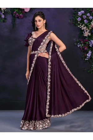 Wine satin crepe silk sequins embroidered saree with readymade blouse 24105