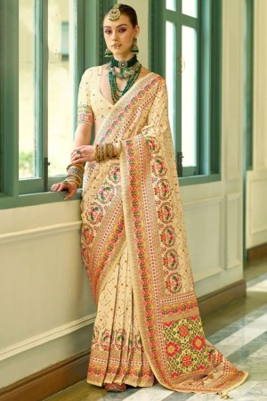 Cream banarasi silk kashmiri design woven wedding saree with blouse K408