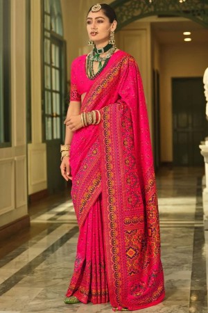 Pink banarasi silk kashmiri design woven wedding saree with blouse K409