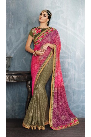 Party-wear-Pink-Pine-Green-color-saree