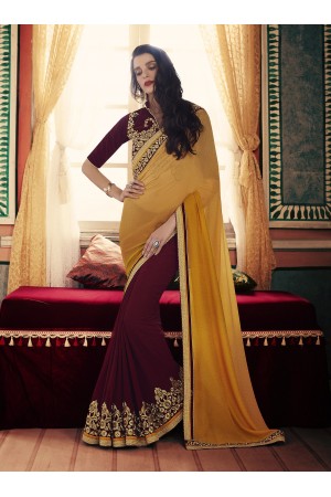 Party-wear-Wine-Mustard-color-saree