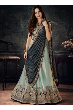 Dual tone green and blue tafetta silk wedding lehenga choli