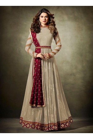 Jennifer Winget Grey and Maroon Lycra jacquard anarkali