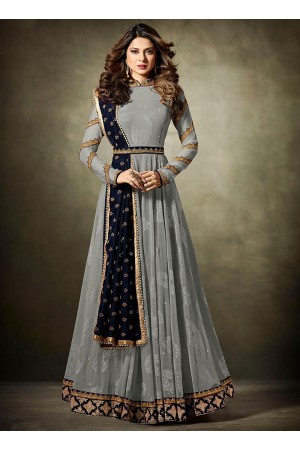 Jennifer Winget Grey and Navy blue Lycra jacquard anarkali