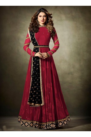 Jennifer Winget Maroon and Black Lycra jacquard anarkali