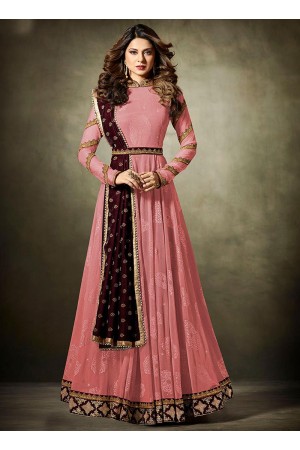 Jennifer Winget Pink and Maroon Lycra jacquard anarkali