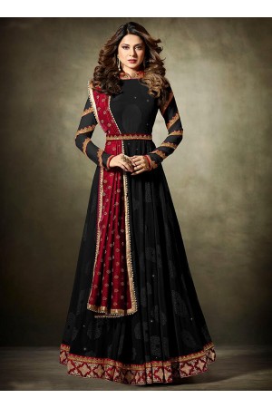 Jennifer Winget Black and maroon Lycra jacquard anarkali