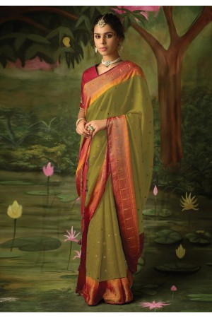 Brasso Saree with blouse in Mehndi colour 15049