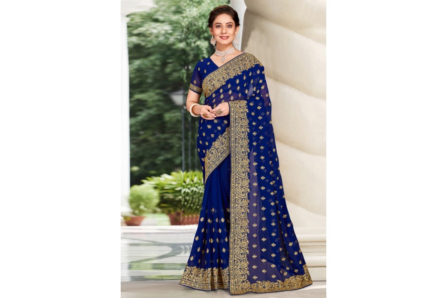 Women's Georgette Light Blue Embellished Designer Saree With Blouse Piece