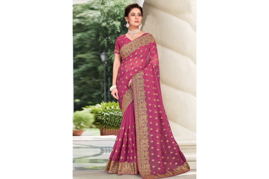 Women's Georgette Purple Embellished Designer Saree With Blouse Piece