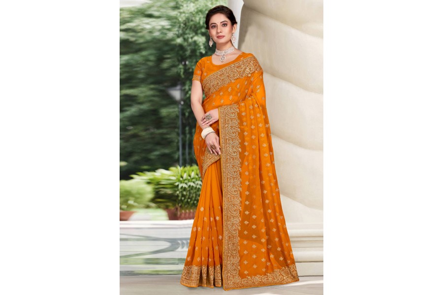 Women's Georgette Orange Woven Design Designer Saree With Blouse Piece