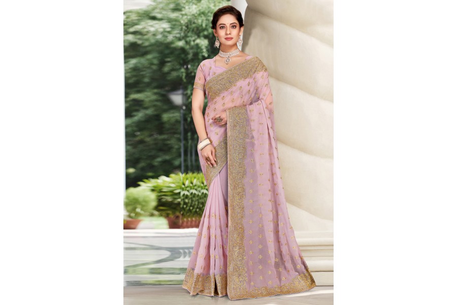 Women's Georgette Pink Woven Design Celebrity Saree With Blouse Piece