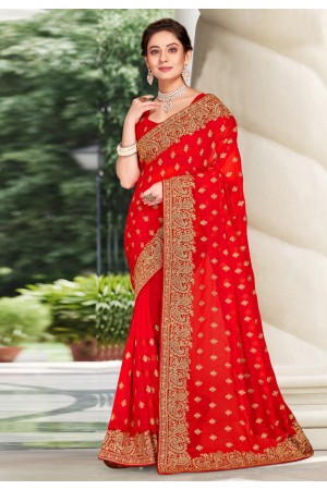 Georgette Saree with blouse in Red colour 6452