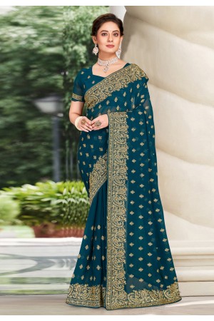 Georgette Saree with blouse in Teal colour 6459