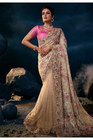 Net Saree with blouse in Beige colour 6302