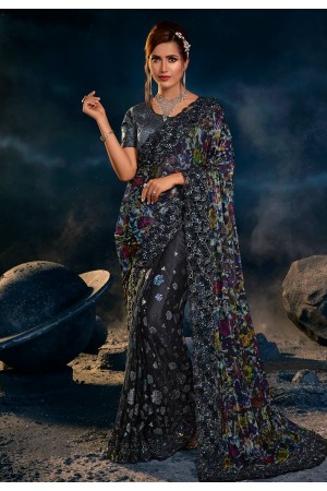 Net Saree with blouse in Black colour 6312